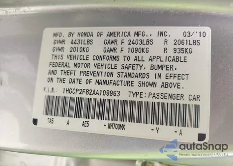 2010 Honda Accord 2.4 Ex-L from USA, damaged, VIN 1HGCP2F82AA109963